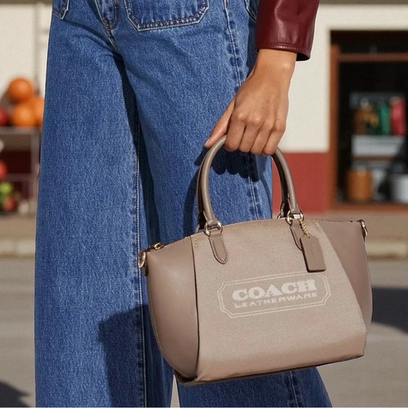 Coach Badge Jacquard Elise Satchel & Crossbody in Chalk Taupe Gold Hardware NWT - Picture 1 of 9